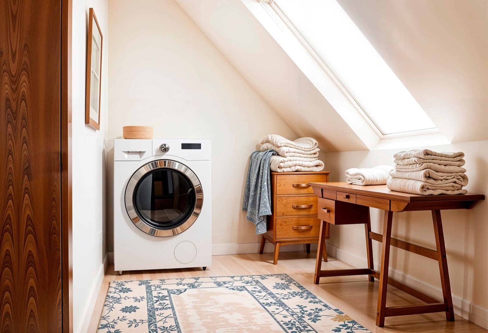 A bright attic laundry room with folded towels