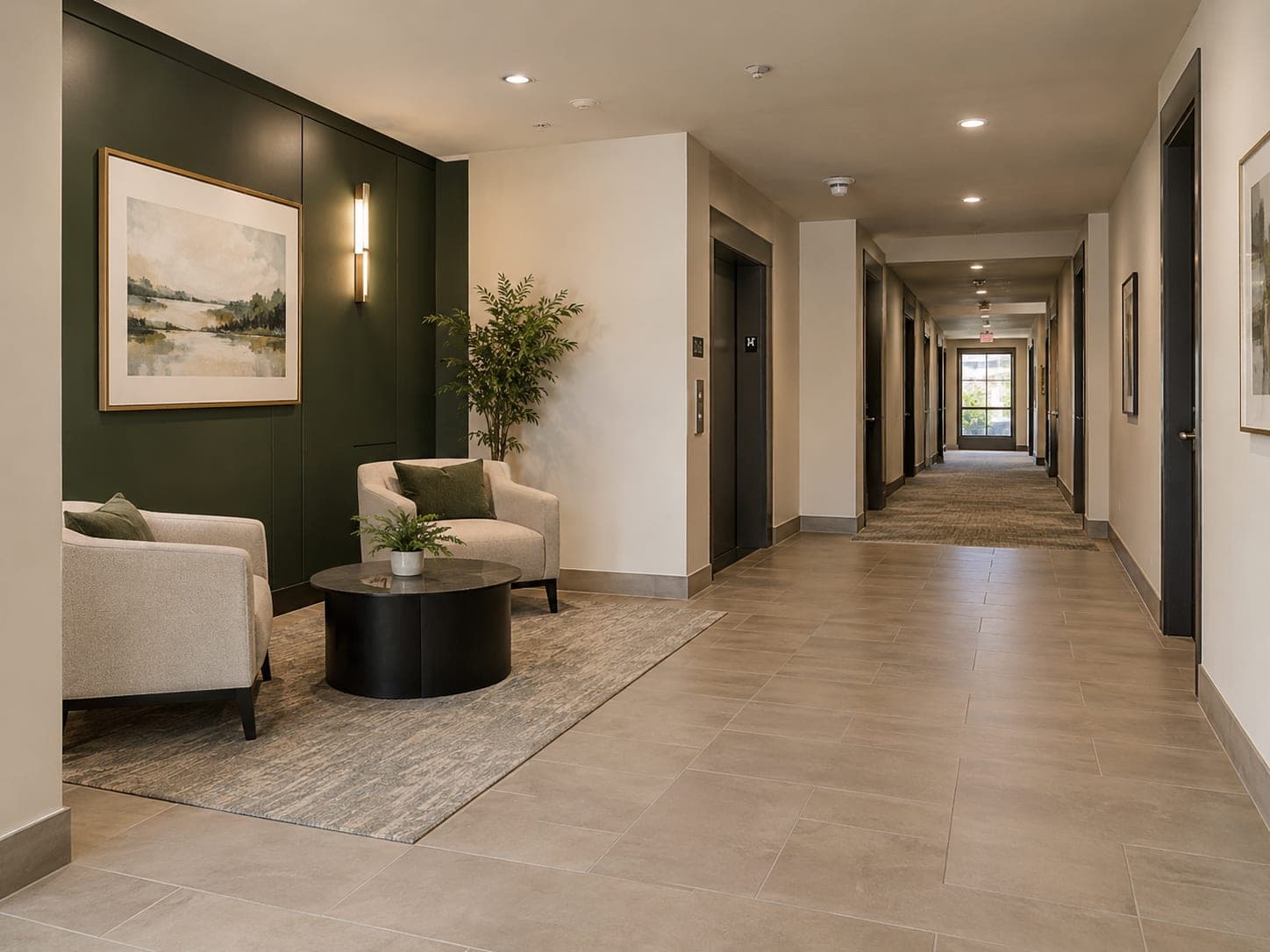 A quiet apartment building lobby and corridor