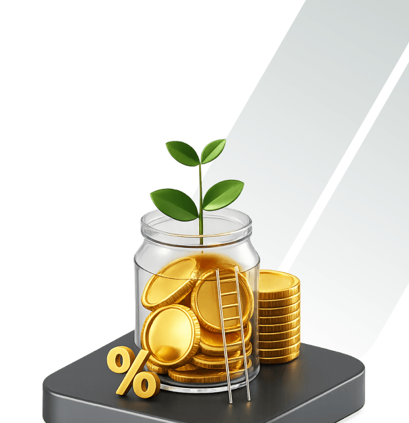 Hands holding rising coin stacks with an upward growth arrow