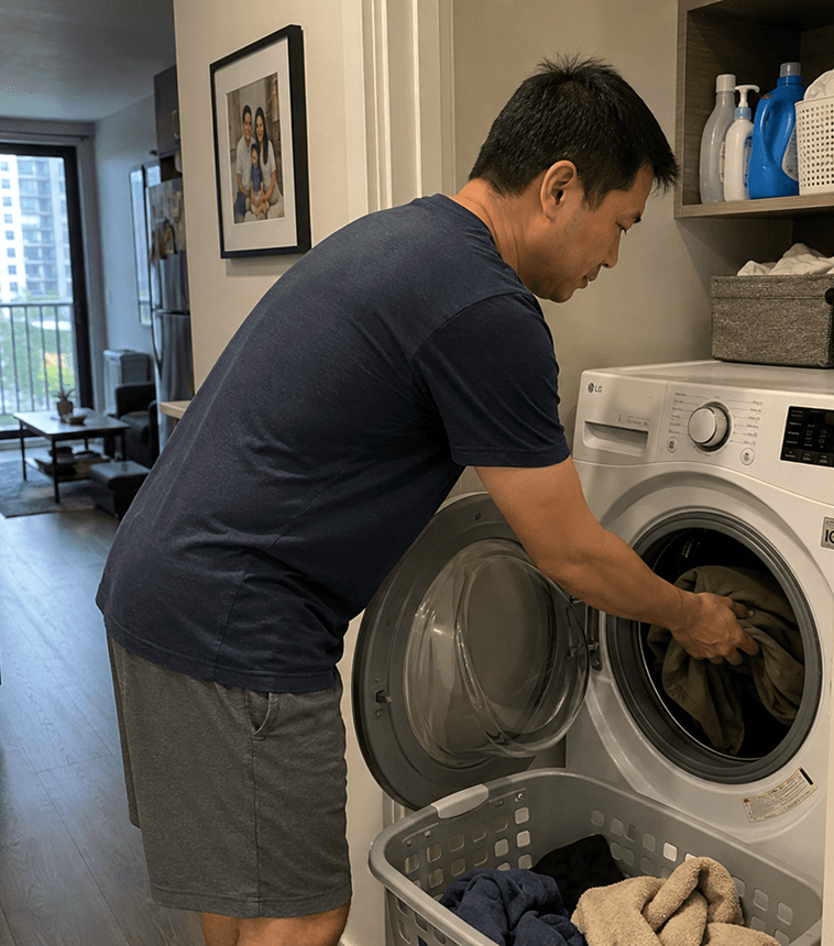 A resident carrying a stack of freshly folded clothes