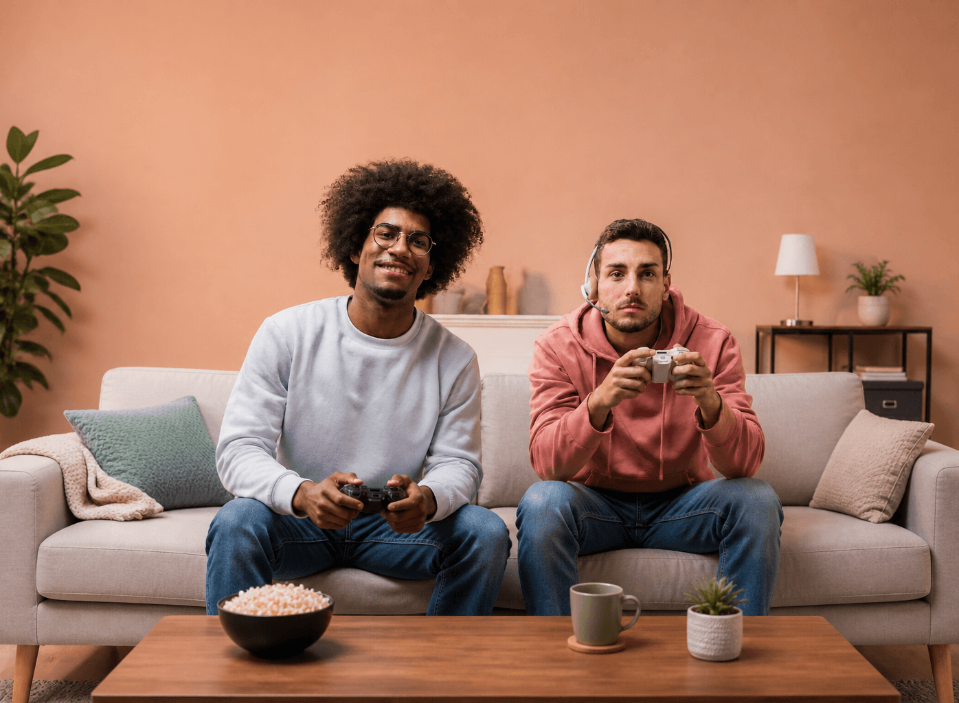 Two residents playing video games together in an apartment lounge