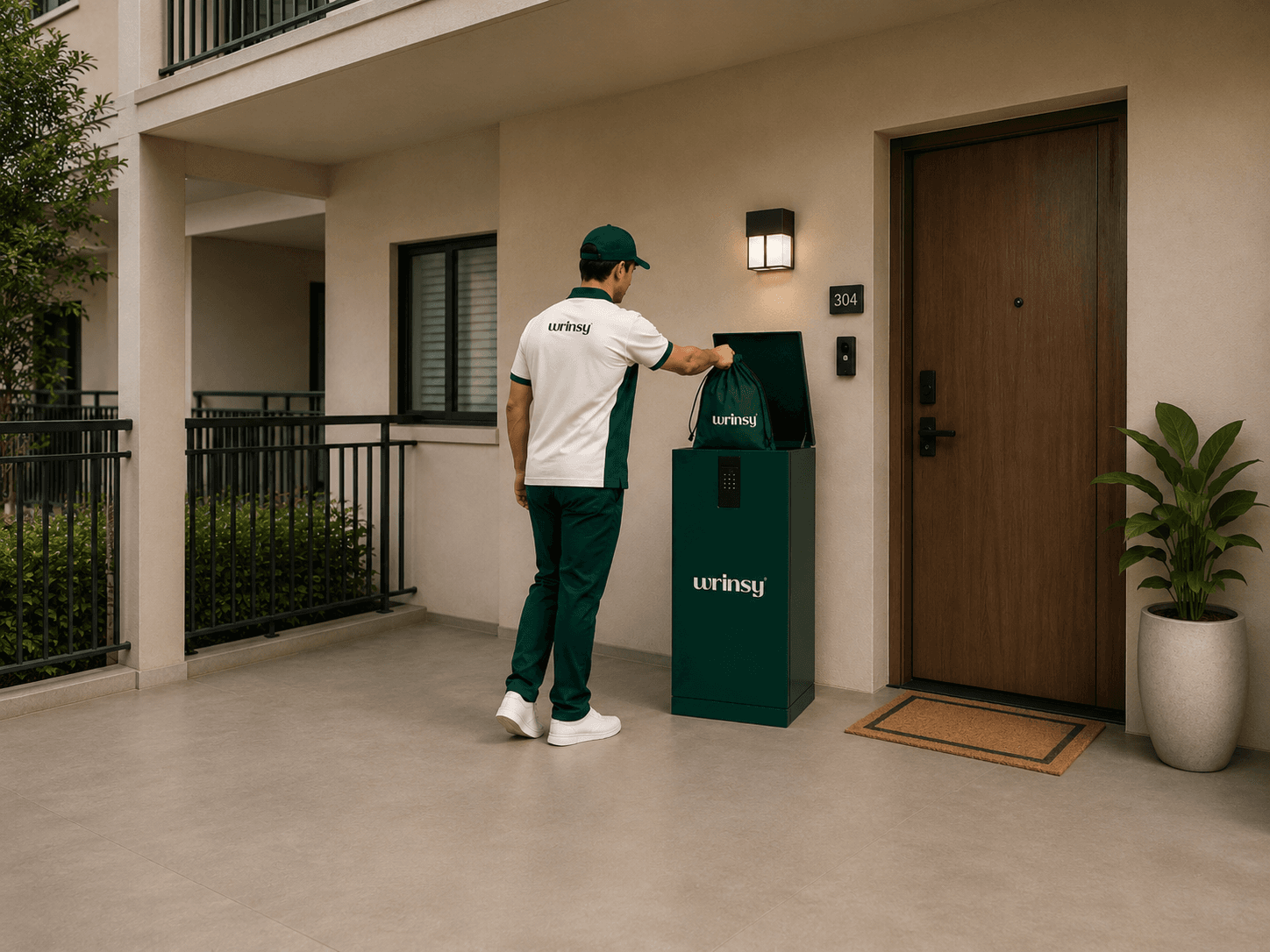 A wrinsy courier placing a laundry bag into a secure wrinsy box outside a resident's door