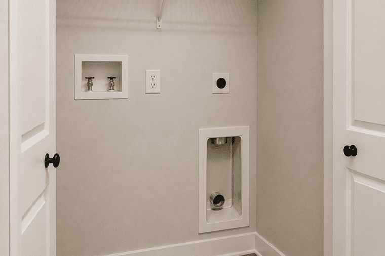 An empty laundry closet with hookups for a washer and dryer