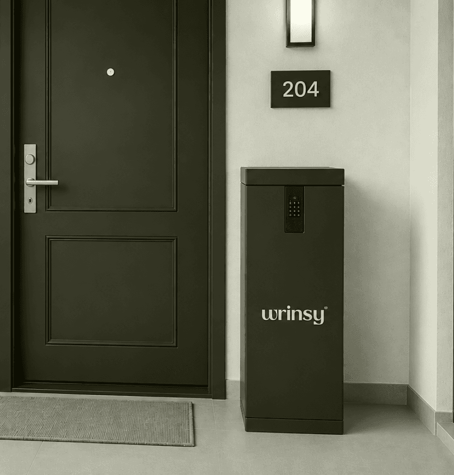 A wrinsy collection box waiting outside an apartment door