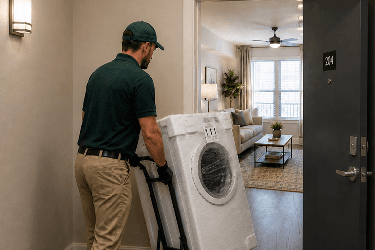 A vendor technician delivering a packaged washer to an apartment