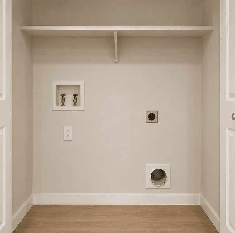 A long building laundry room with several washers set under a counter