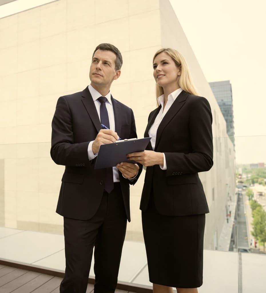 Two business professionals reviewing documents on a rooftop