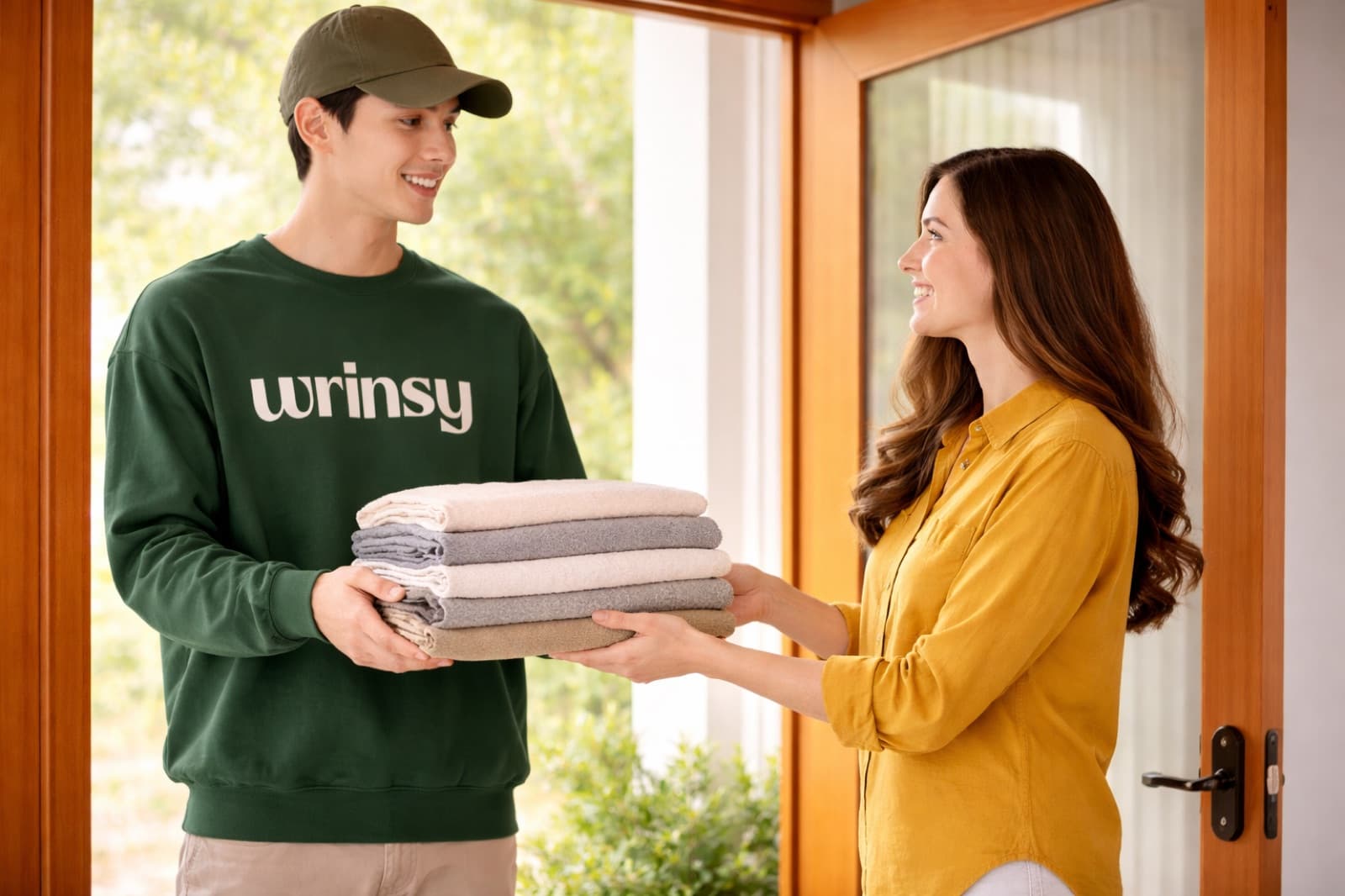 A wrinsy team member delivering laundry to a resident’s door