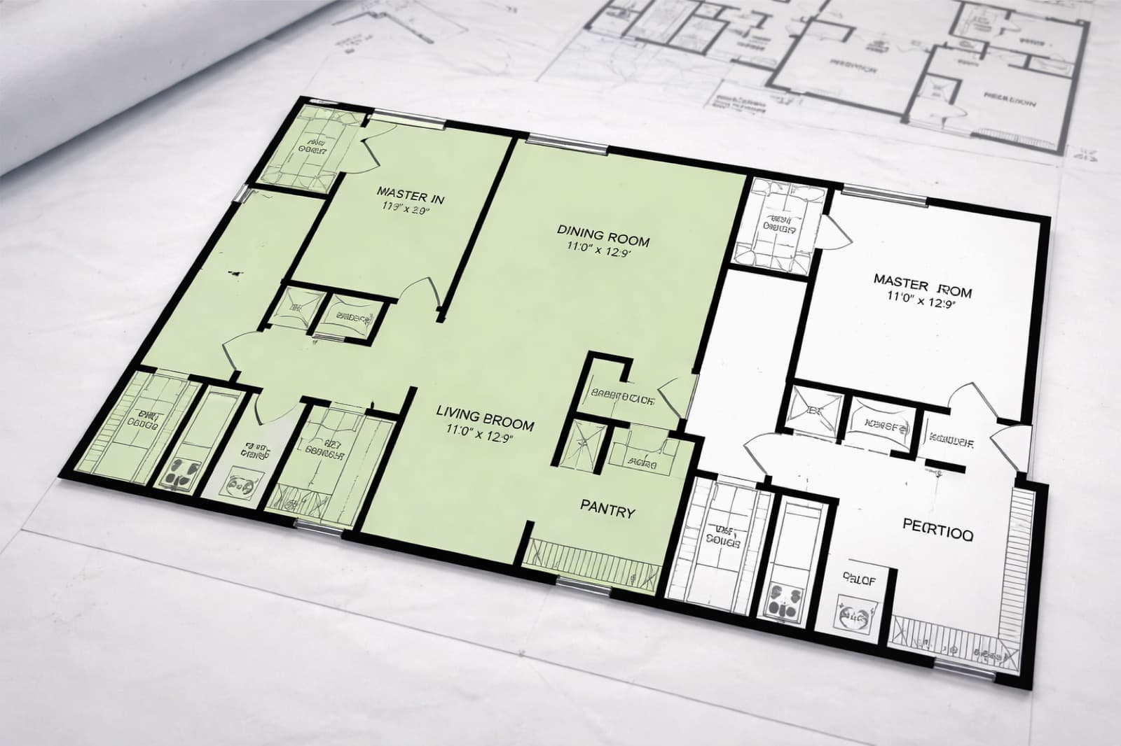 An apartment floor plan laid over architectural blueprints