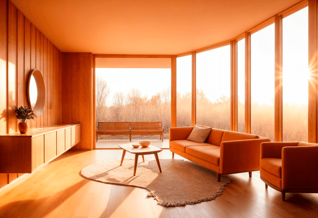 A bright, open living room with a sofa and large windows