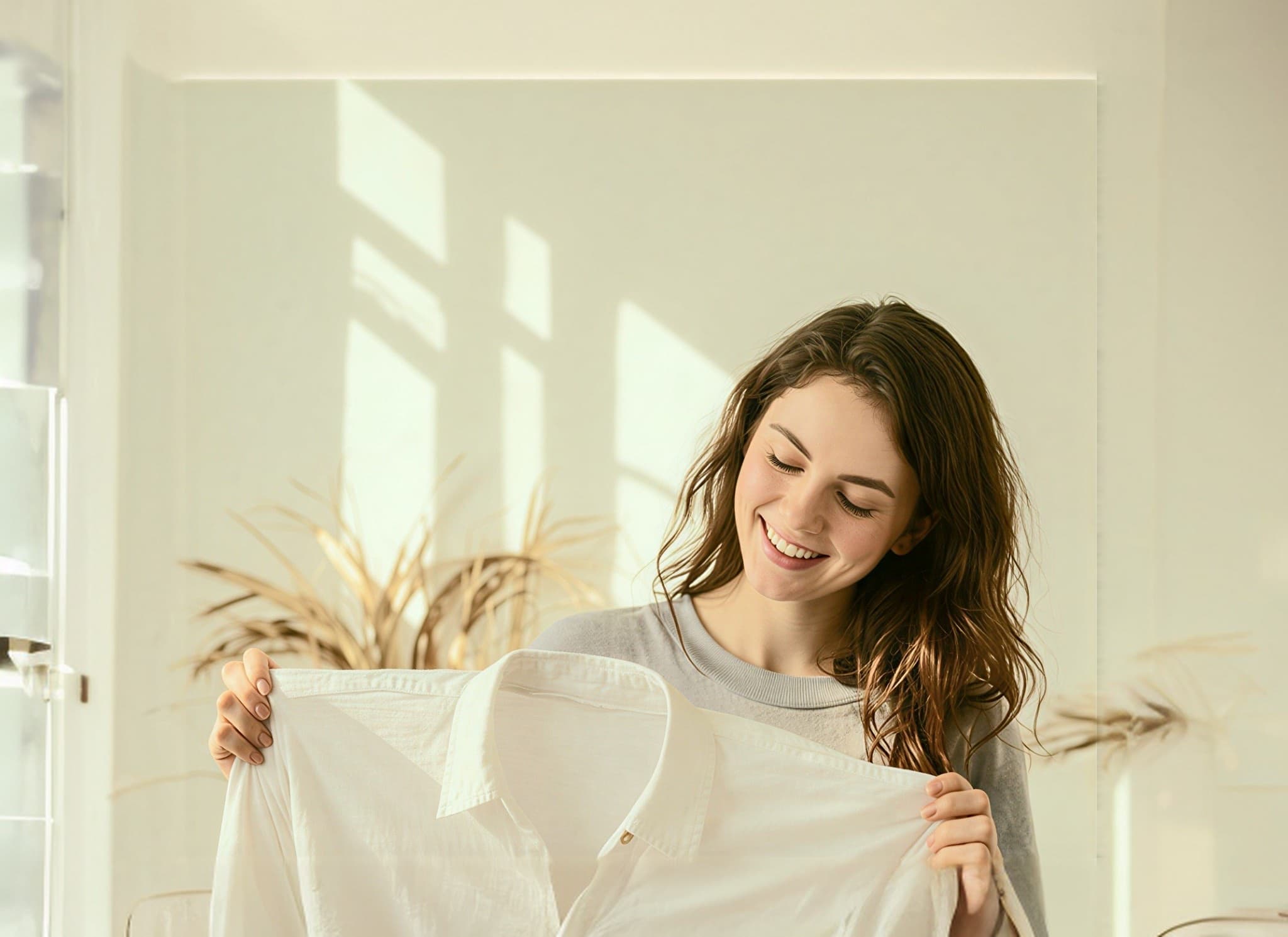 A smiling resident holding up a freshly cleaned shirt